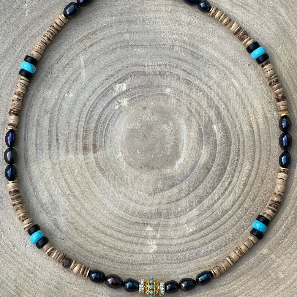 Coconut Shell & Pearl Beauty:Coconut Shell beads Pearls Turquoise &gold accents